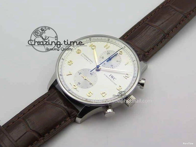 MIROTIME 1219 ModernLook Portuguese IW371445 ZF 1:1 Best Edition SS White Dial Gold Markers On Brown Leather Strap A79350 V 7269